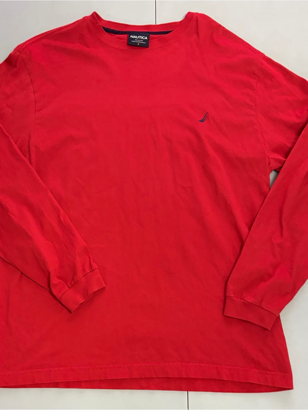 Nautica Red Long-Sleeve Crewneck with Small Sail Logo